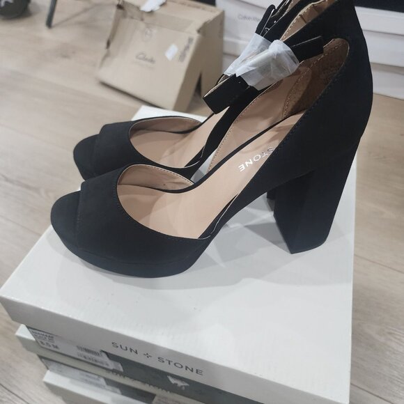 Sun + Stone Shoes - Sun + Stone Reemaaf Black Open Toe Chunky Heel Sandals Womens Dress Shoes